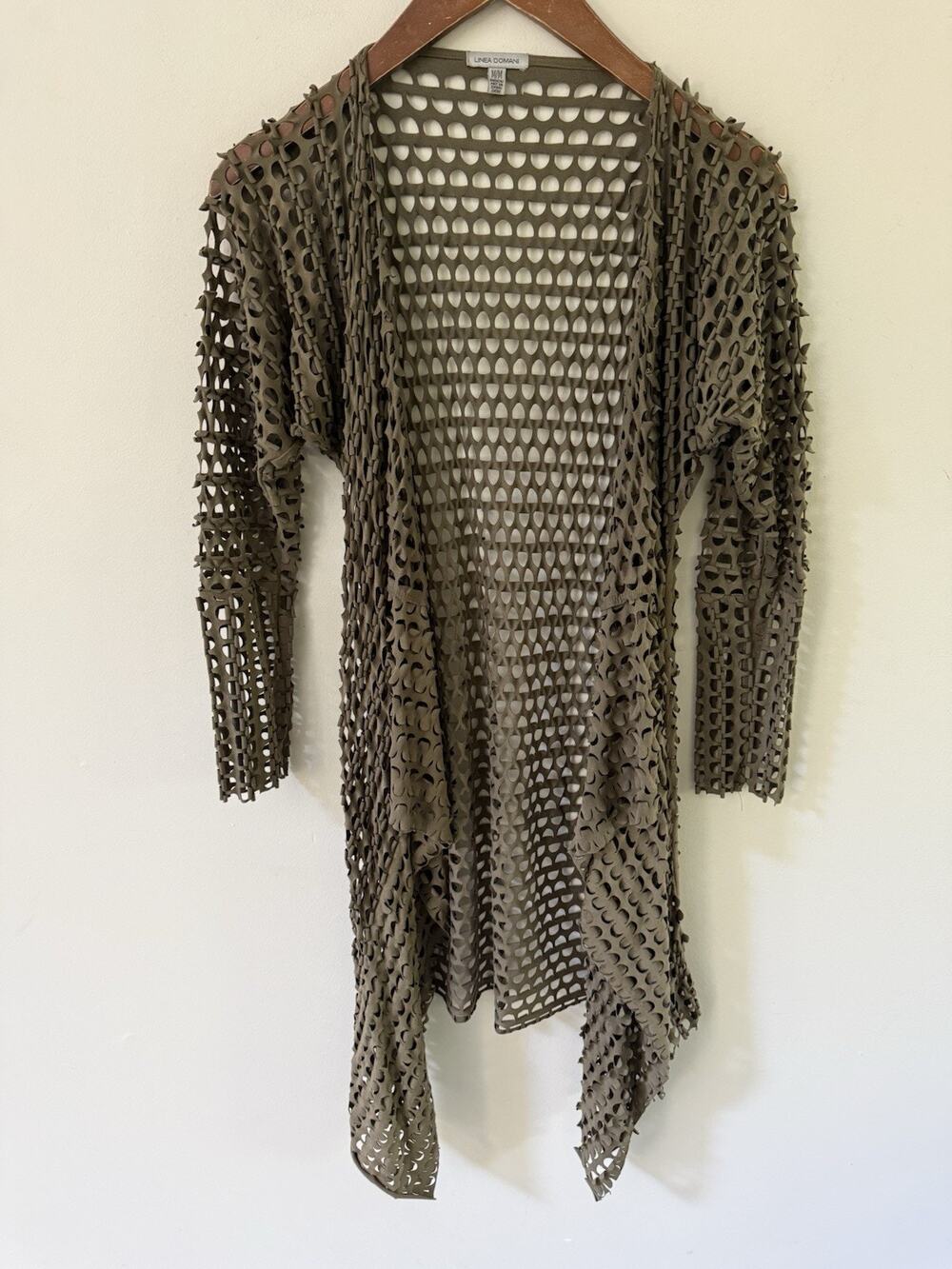 Linea Domani Laser Cut Waterfall Cardigan Open Front Size M Gray Khaki Boho